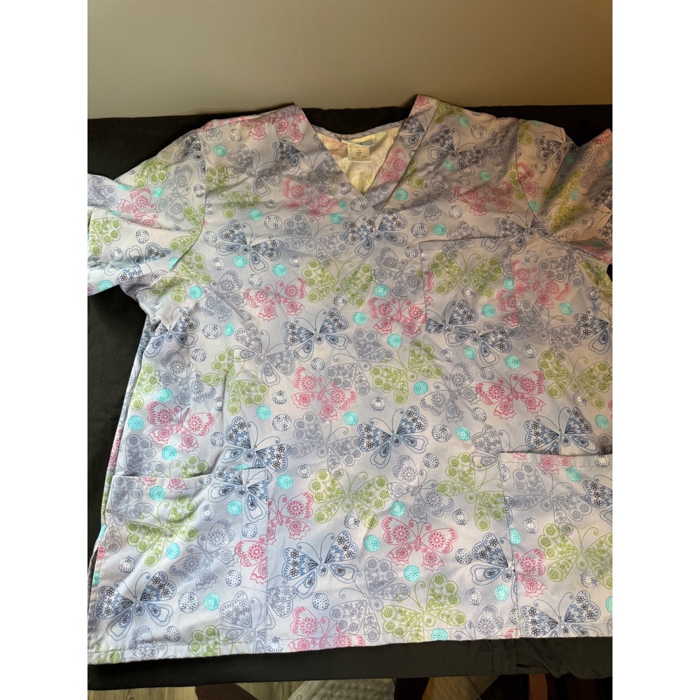 SB Scrubs Butterfly Print V-Neck Scrub Top Blue Pink Green 2X SB27B923 Womens